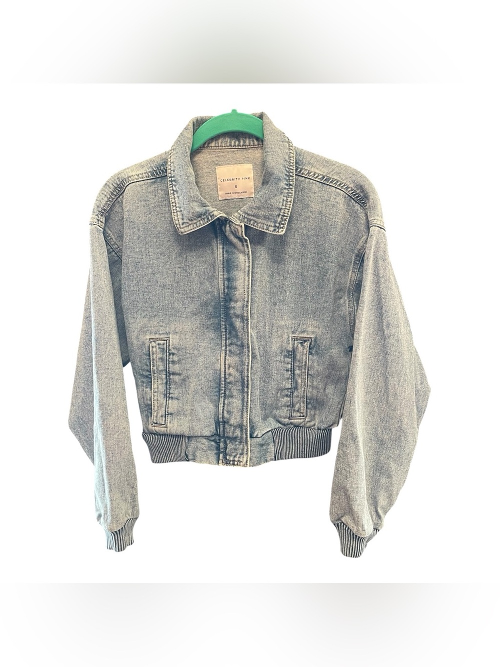 Celebrity Pink Denim Bomber Jacket Size S Rib Knit Waist Cuffs Snap Light Wash